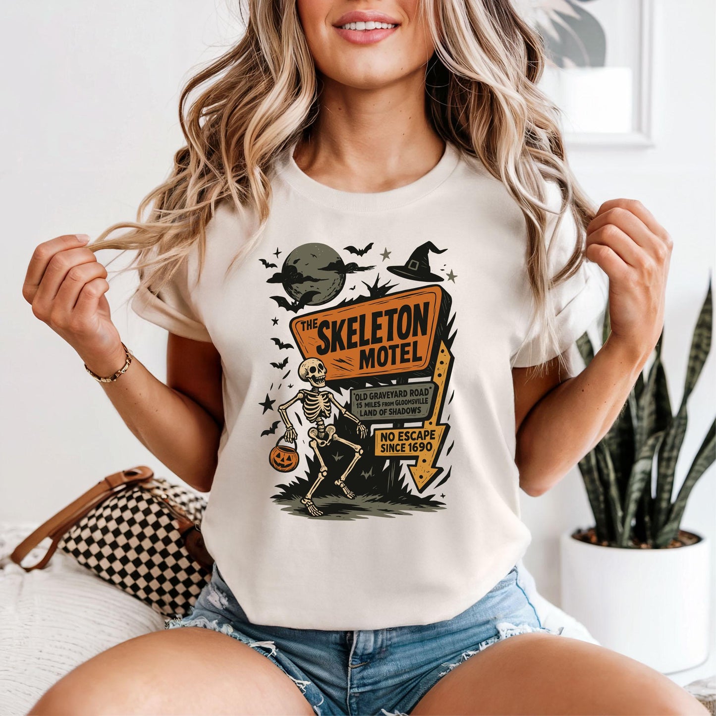 Skeleton Motel Halloween Shirt - Retro Graphic Tee for Spooky Season