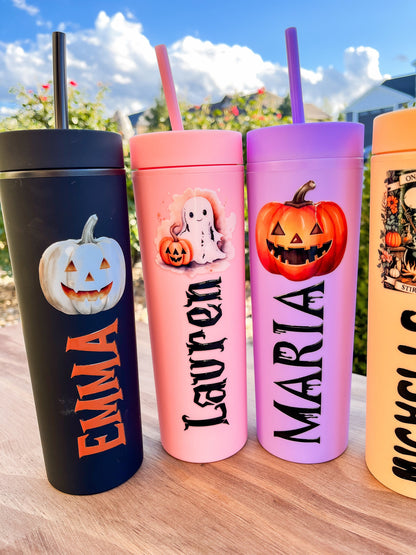 Personalized Halloween Tumbler with Straw – Custom Skinny Matte Pastel Cups, Party Favors
