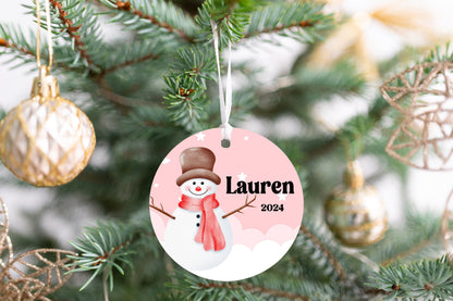 Personalized Pink Snowman Christmas Ornament- Custom Name & Year | Aluminum or Hardboard