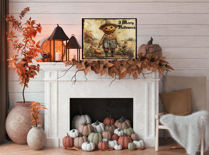 Primitive Pumpkin Head Scarecrow Halloween Metal Sign – Spooky Wall Art for Indoor & Outdoor Decor