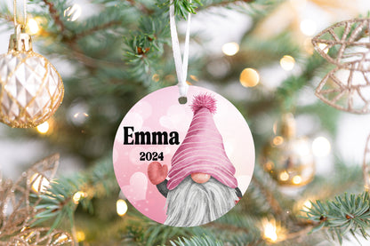 Personalized Pink Gnome Christmas Ornament- Custom Name & Year | Aluminum or Hardboard