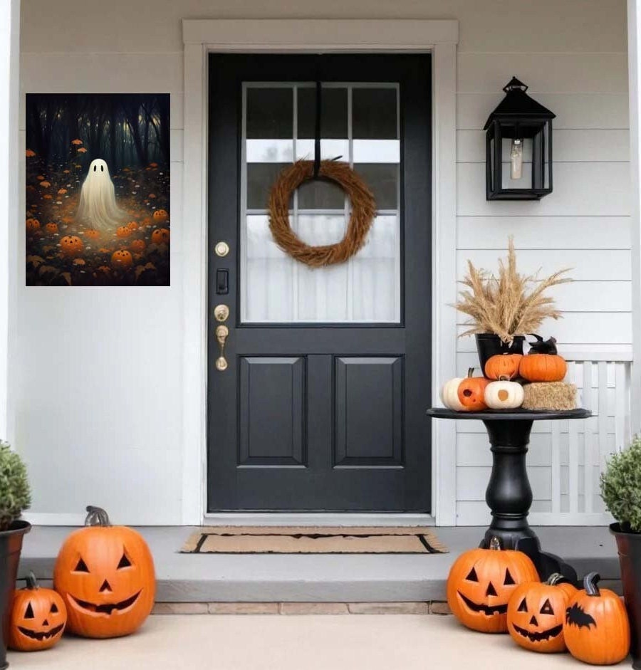 Primitive Halloween Metal Sign – Cute Ghost with Pumpkins Wall Art (Indoor & Outdoor)
