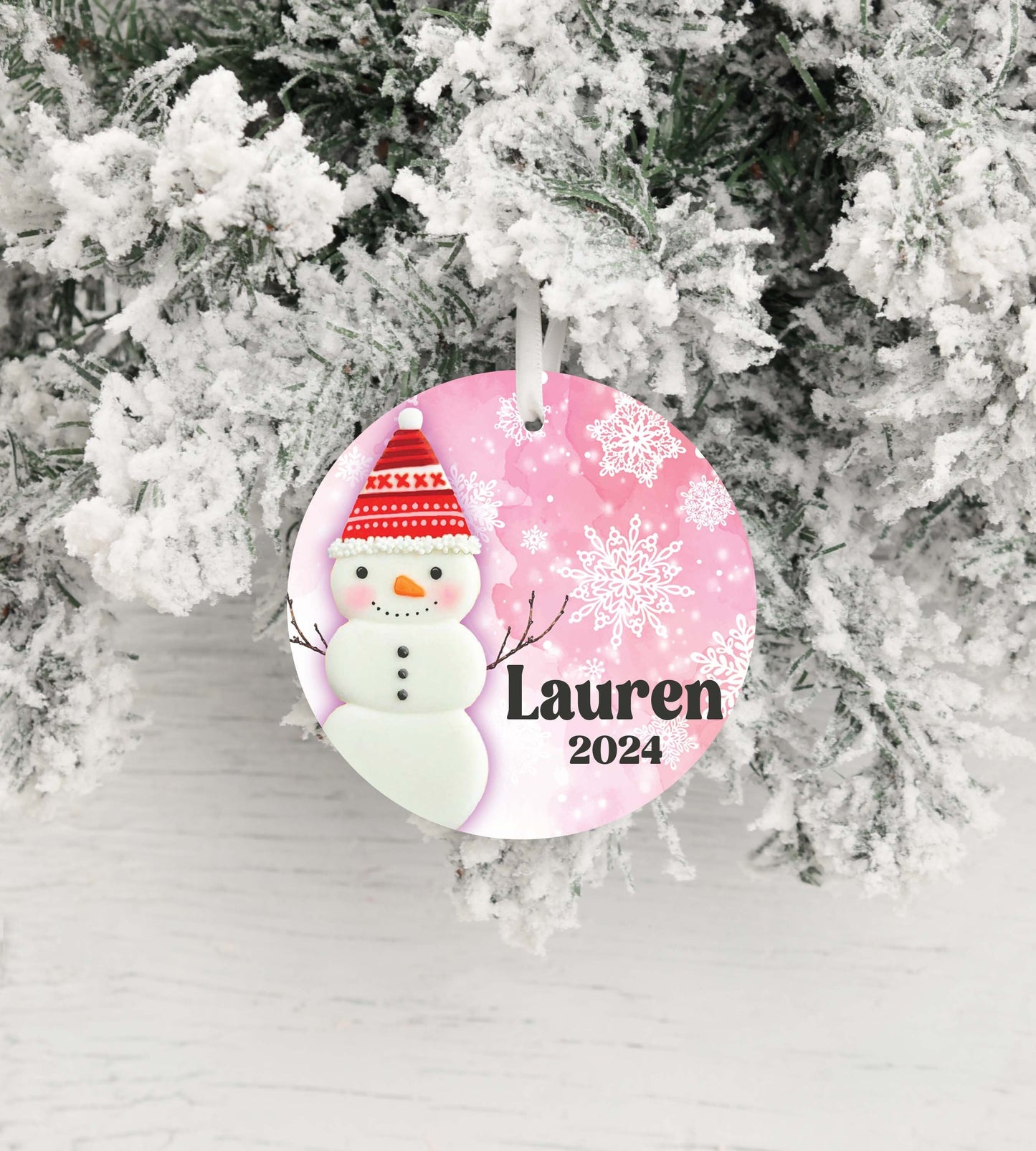 Personalized Pink Snowman Christmas Ornament- Custom Name & Year | Aluminum or Hardboard