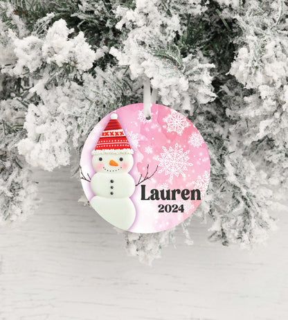 Personalized Pink Snowman Christmas Ornament- Custom Name & Year | Aluminum or Hardboard