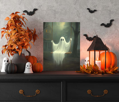 Primitive Halloween Metal Sign – Ghost on Swing Wall Art (Indoor & Outdoor)