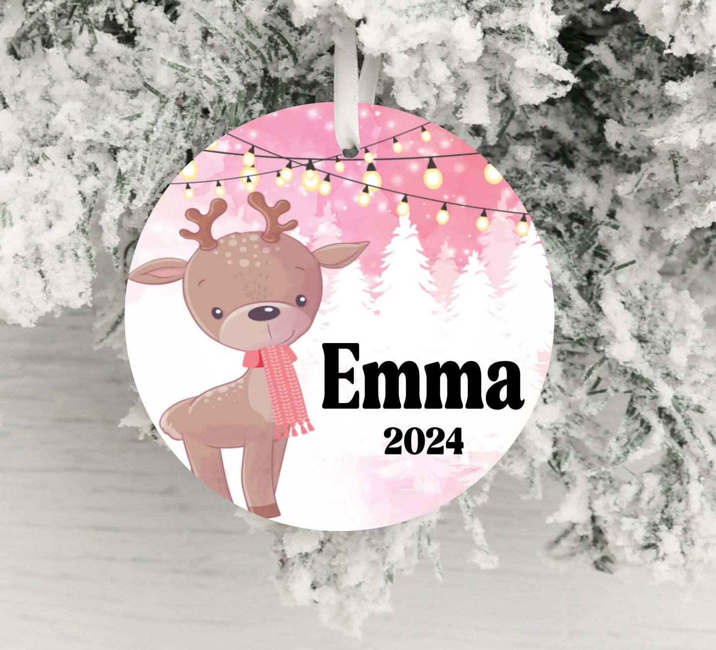 Personalized Pink Reindeer Christmas Ornament- Custom Name & Year | Aluminum or Hardboard