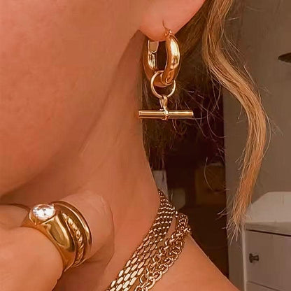18K Gold Plated T Bar Earrings – Minimalist Huggie Hoop Drops