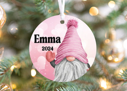 Personalized Pink Gnome Christmas Ornament- Custom Name & Year | Aluminum or Hardboard