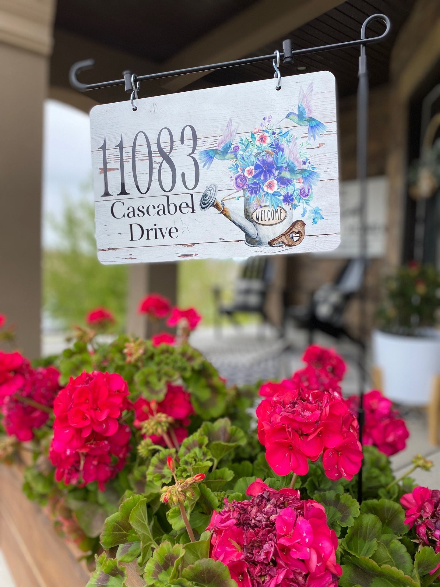 Hummingbird Watering Can Metal Address Sign – Personalized Yard & Lamp Post Sign