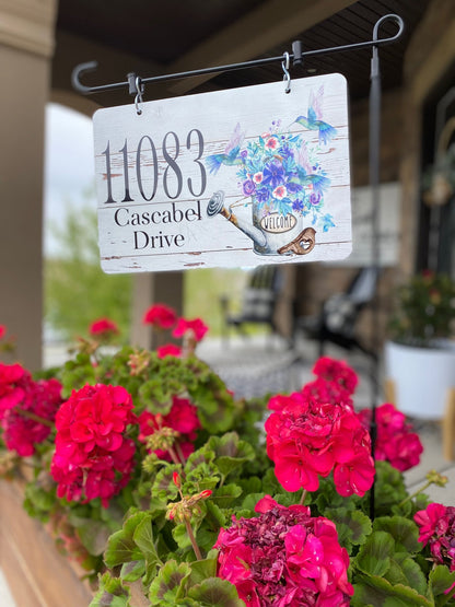 Hummingbird Watering Can Metal Address Sign – Personalized Yard & Lamp Post Sign