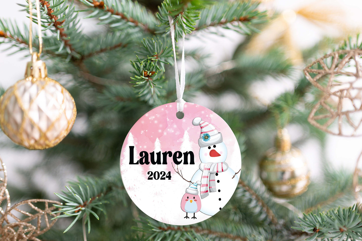 Personalized Pink Snowman Christmas Ornament- Custom Name & Year | Aluminum or Hardboard