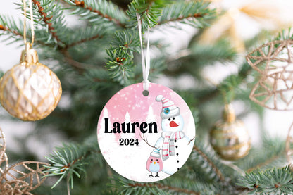 Personalized Pink Snowman Christmas Ornament- Custom Name & Year | Aluminum or Hardboard