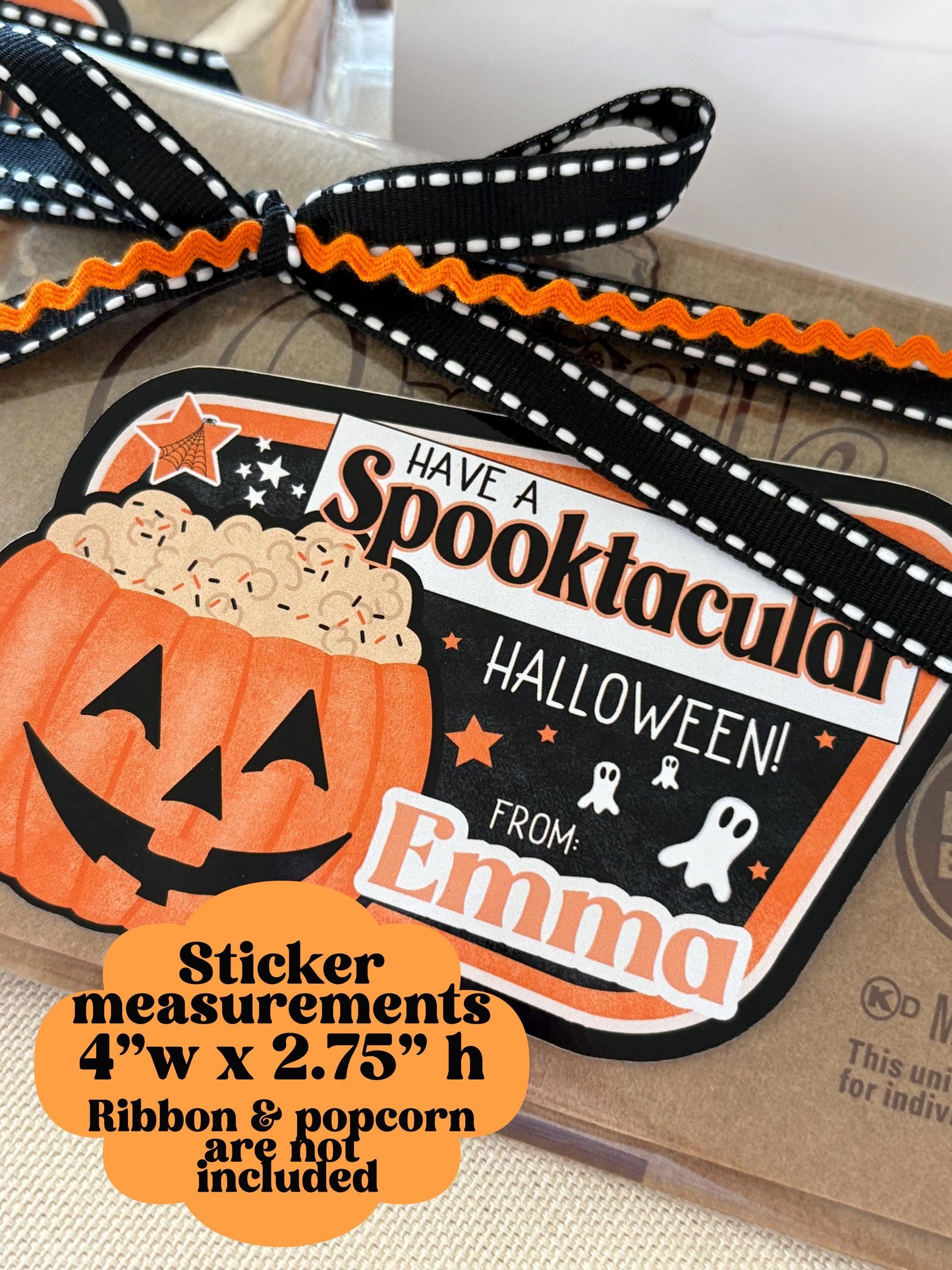 Halloween Popcorn Stickers – Personalized “Have a Spooktacular Halloween” Labels for Kids, Classroom, or Party Favors