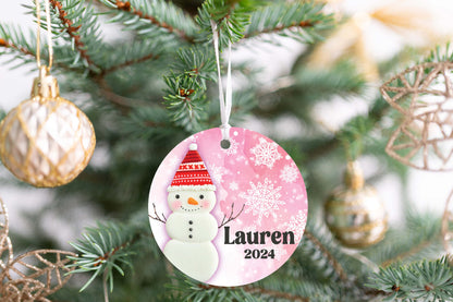 Personalized Pink Snowman Christmas Ornament- Custom Name & Year | Aluminum or Hardboard