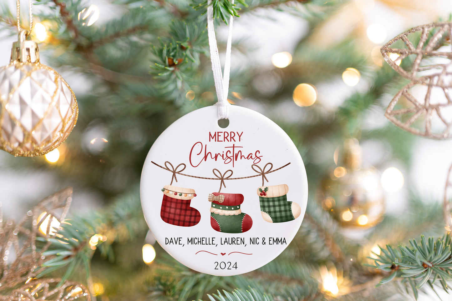 Personalized Family Stocking Christmas Ornament 2025 – Custom Last Name & Year