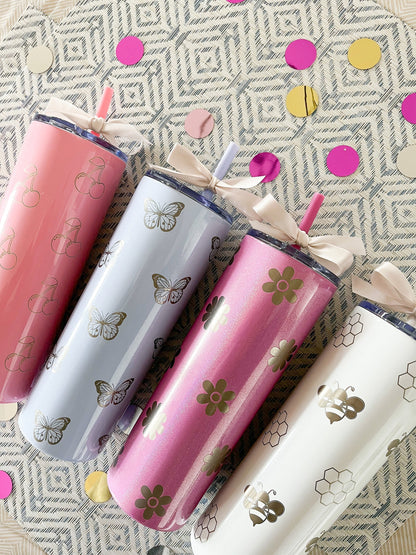 Personalized 20 oz Tumbler – Laser Engraved Skinny Tumbler with Lid & Straw, Custom Cherry, Daisy, Bumblebee & Butterfly Designs