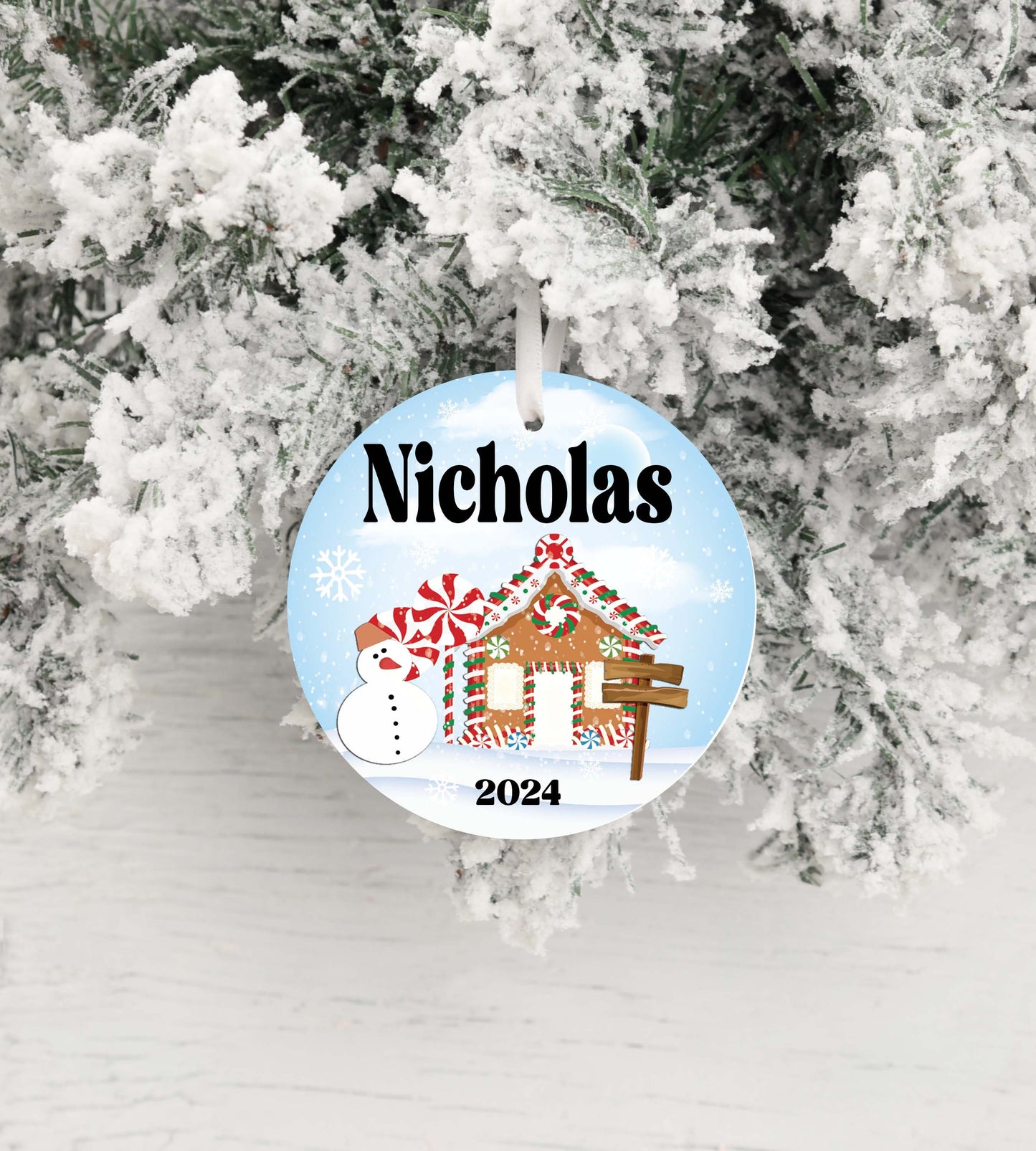 Personalized Gingerbread House Christmas Ornament 2025 – Custom Kids Ornament with Blue Background