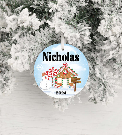 Personalized Gingerbread House Christmas Ornament 2025 – Custom Kids Ornament with Blue Background