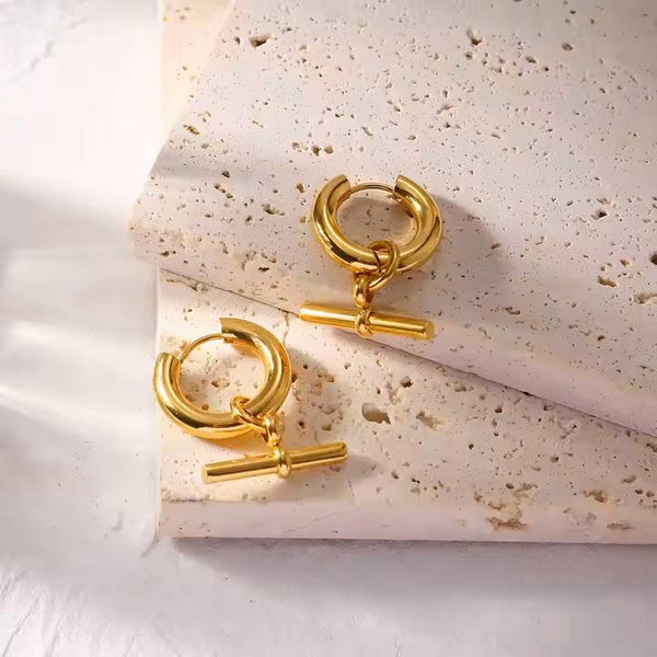 18K Gold Plated T Bar Earrings – Minimalist Huggie Hoop Drops
