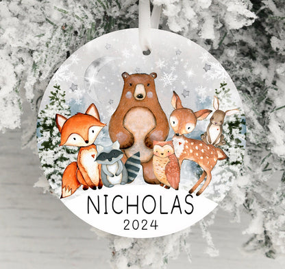 Personalized Forest Animal Christmas Ornament 2025 – Woodland Animal Ornament for Kids, Gender-Neutral