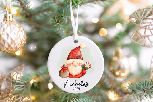 Personalized Watercolor Santa Gnome Ornament 2025 – Candy Cane Design, Kids & Adults