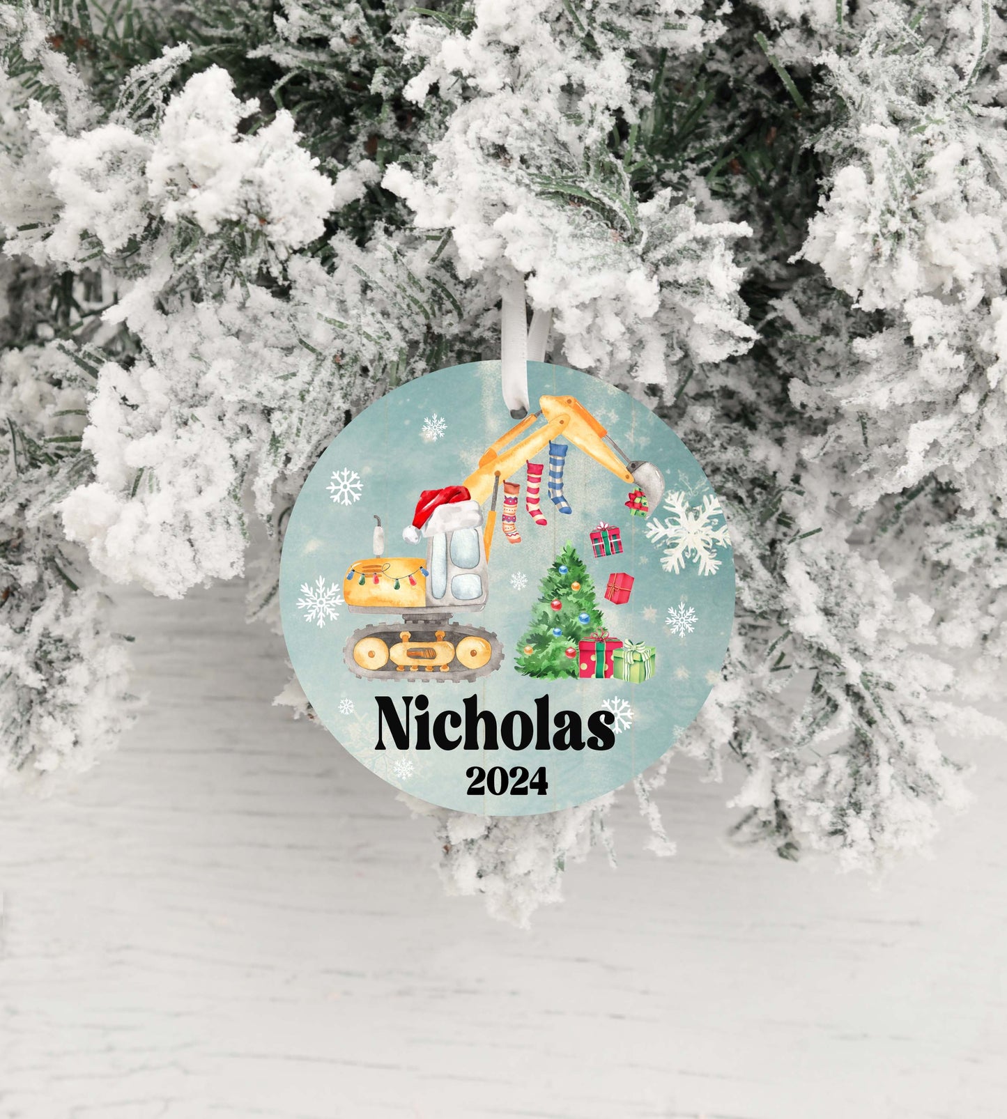 Personalized Excavator Christmas Ornament 2025 – Custom Construction Truck Ornament for Kids