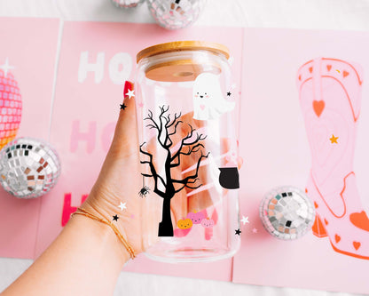 Pink Halloween Iced Coffee Glass – Cute Retro Pastel Ghost & Pumpkin Cup with Bamboo Lid