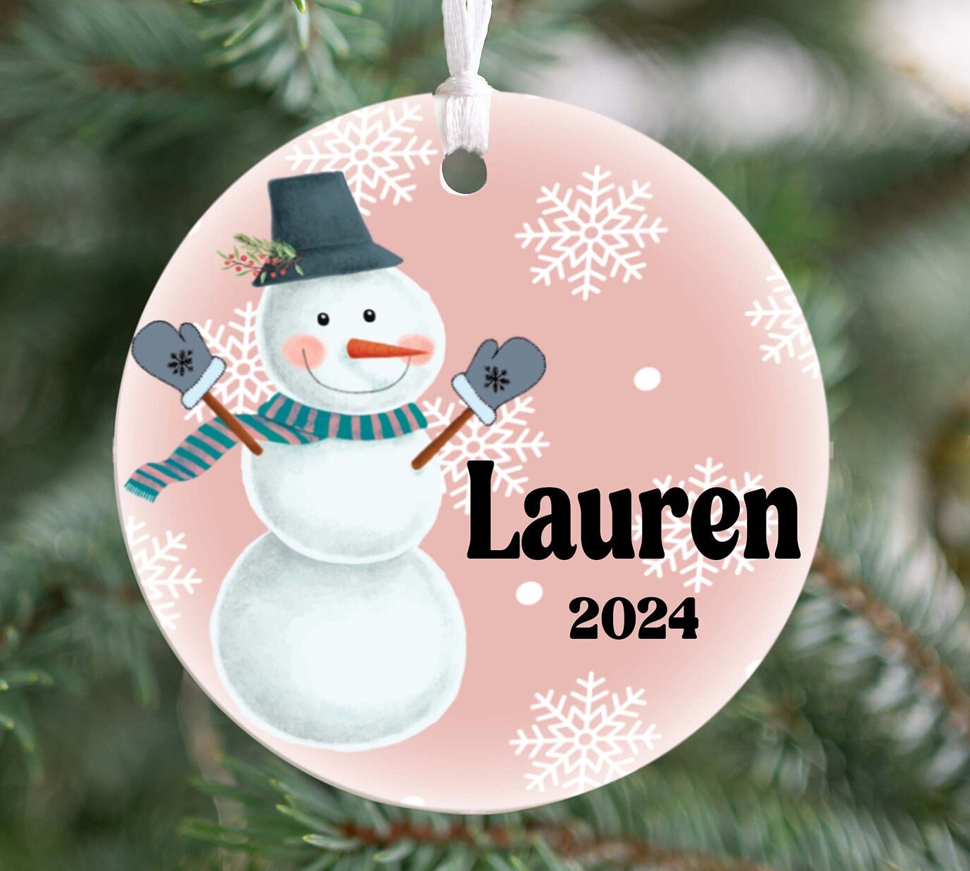 Personalized Pink Snowman Christmas Ornament- Custom Name & Year | Aluminum or Hardboard