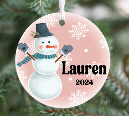 Personalized Pink Snowman Christmas Ornament- Custom Name & Year | Aluminum or Hardboard