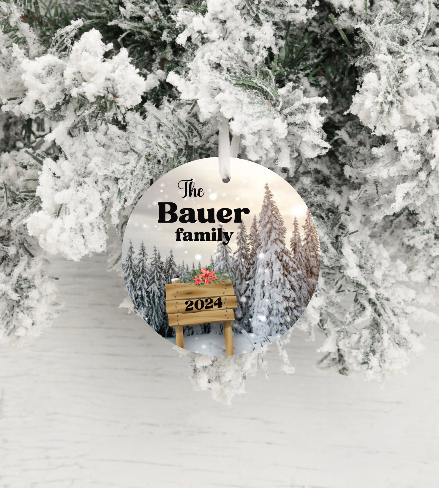 Personalized Snow Scene Family Ornament 2025 – Last Name, Forest & Nature Design