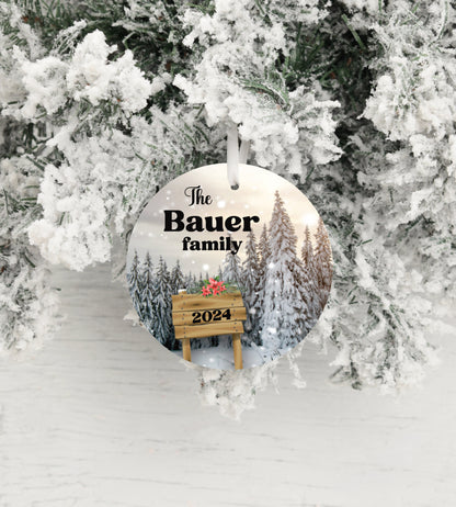 Personalized Snow Scene Family Ornament 2025 – Last Name, Forest & Nature Design