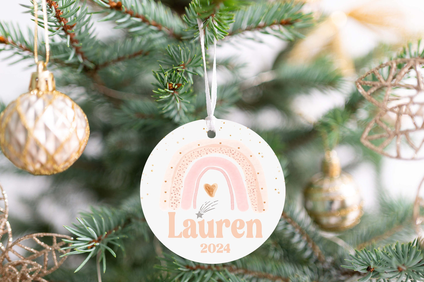 Personalized Pink Rainbow Christmas Ornament- Custom Name & Year | Aluminum or Hardboard