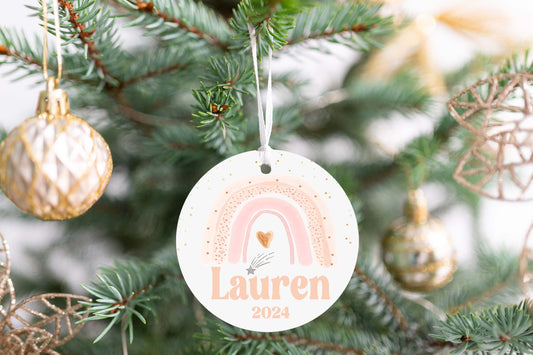 Personalized Pink Rainbow Christmas Ornament- Custom Name & Year | Aluminum or Hardboard