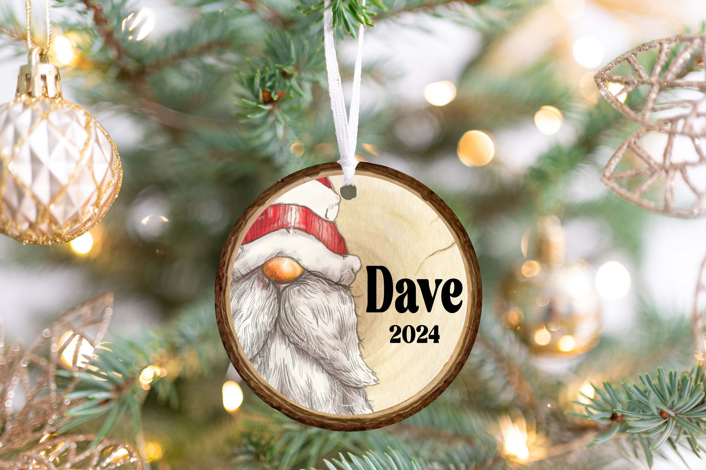 Personalized Gnome Ornament 2025 – Kids & Adults, Wood Slice Look