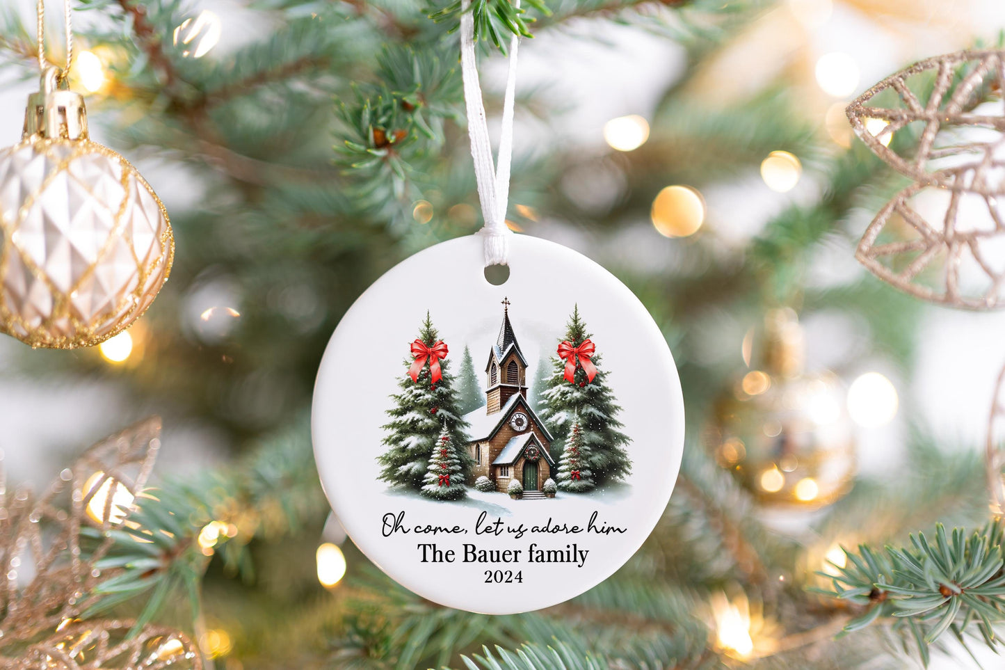 Personalized Church Christmas Ornament 2025 – “Oh Come Let Us Adore Him” with Family Name