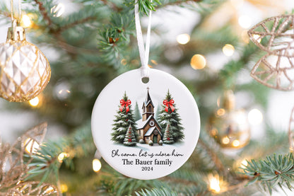 Personalized Church Christmas Ornament 2025 – “Oh Come Let Us Adore Him” with Family Name