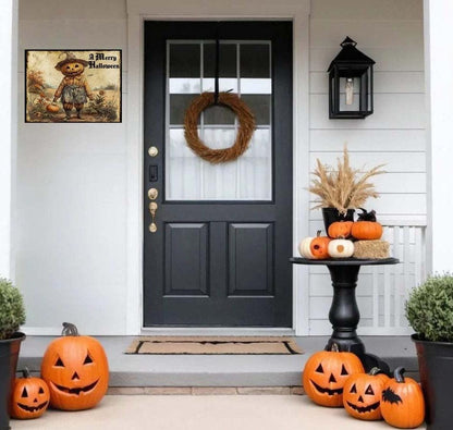 Primitive Pumpkin Head Scarecrow Halloween Metal Sign – Spooky Wall Art for Indoor & Outdoor Decor