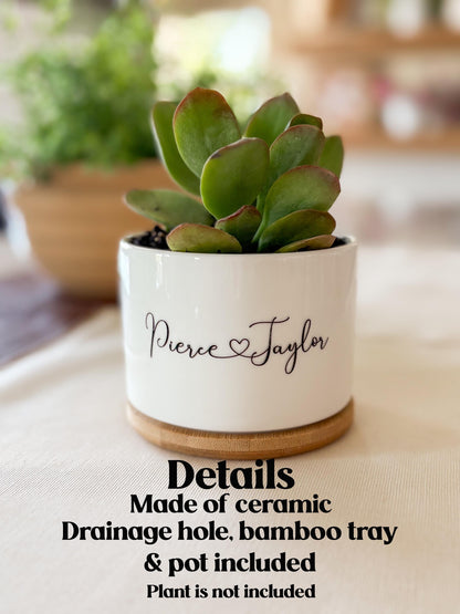 Custom Ceramic Planter – Personalized Succulent Pot with Bamboo Base