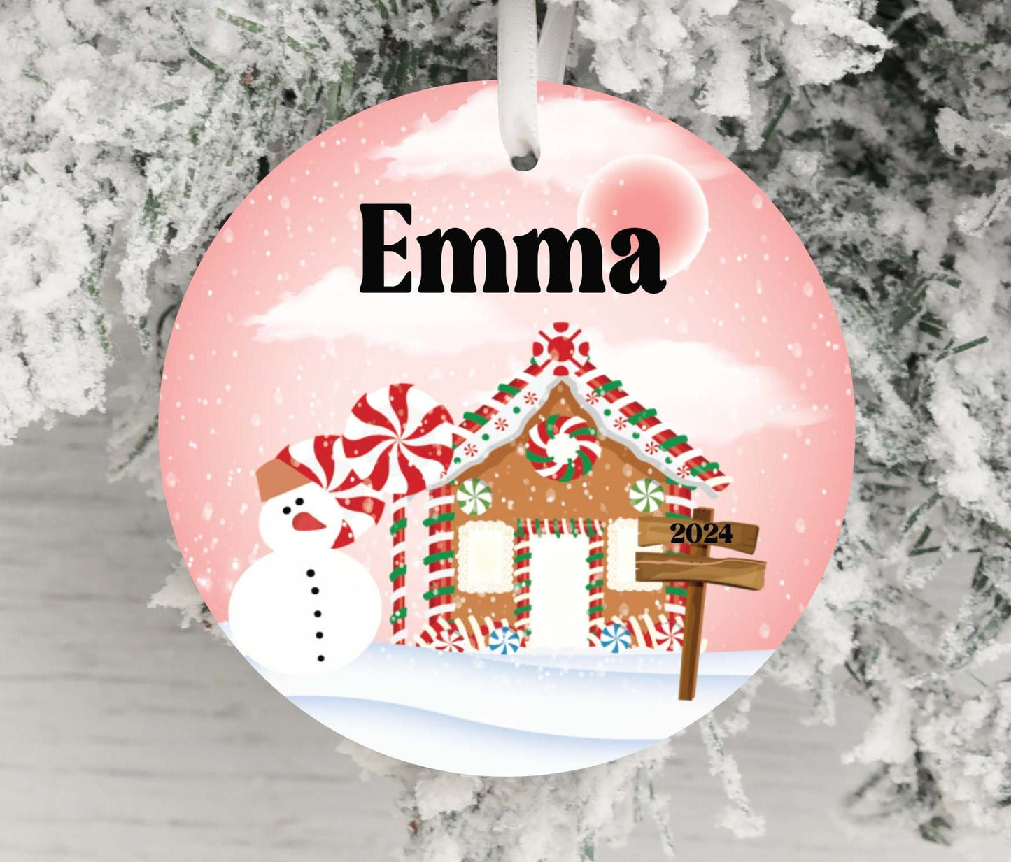 Personalized Pink Gingerbread House Christmas Ornament- Custom Name & Year | Aluminum or Hardboard