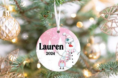 Personalized Pink Snowman Christmas Ornament- Custom Name & Year | Aluminum or Hardboard