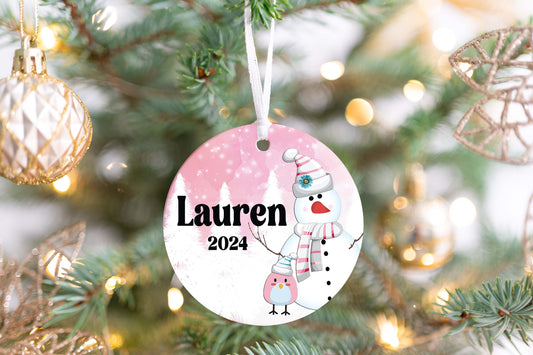Personalized Pink Snowman Christmas Ornament- Custom Name & Year | Aluminum or Hardboard