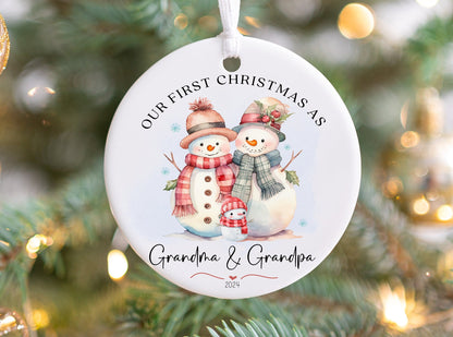 First Christmas as Grandma & Grandpa Ornament 2025 – Personalized Snowman Keepsake for Grandparents