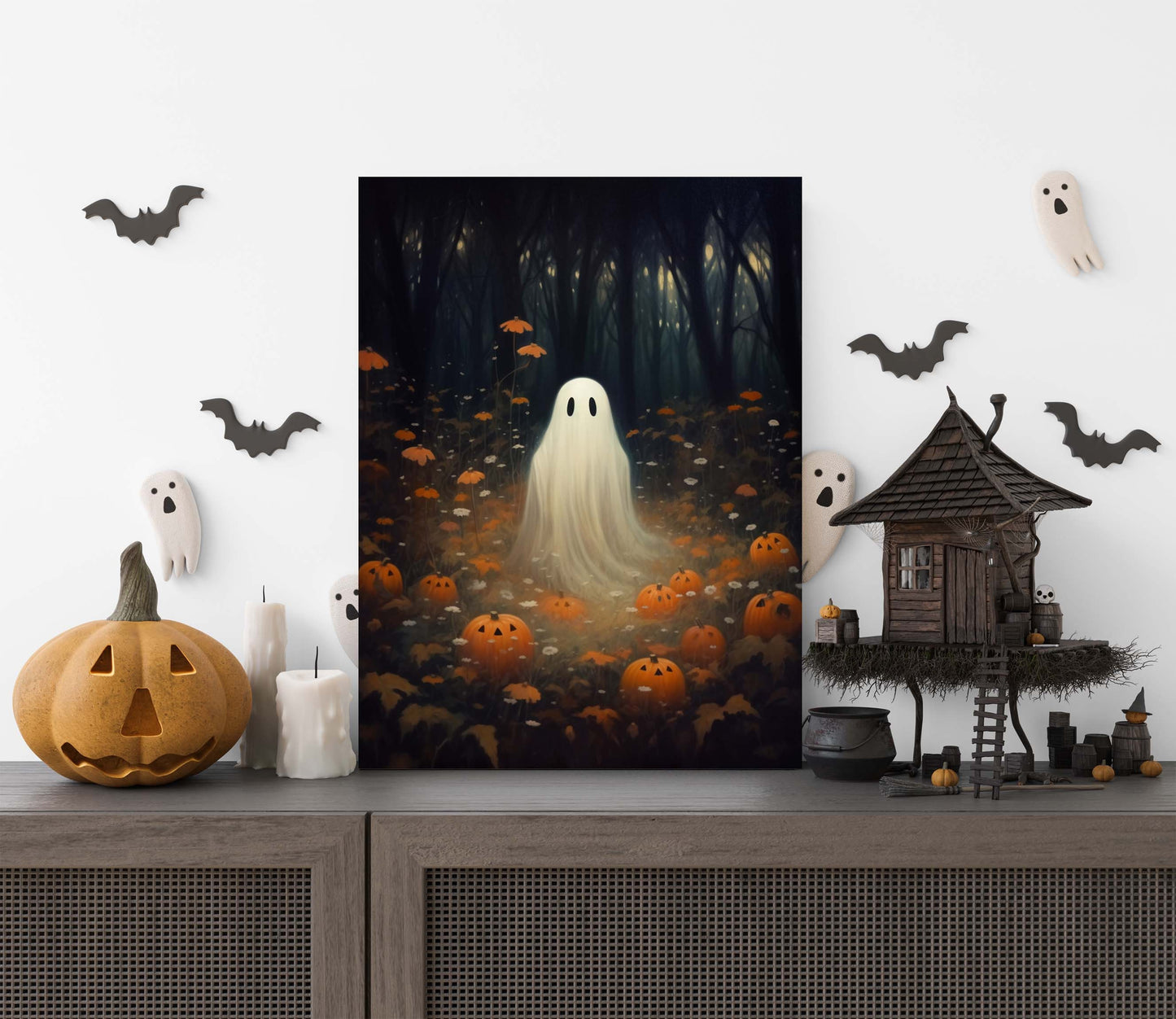Primitive Halloween Metal Sign – Cute Ghost with Pumpkins Wall Art (Indoor & Outdoor)