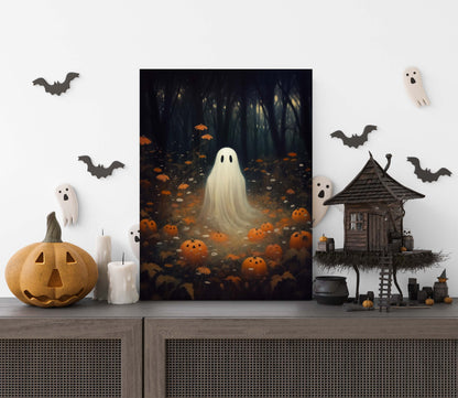 Primitive Halloween Metal Sign – Cute Ghost with Pumpkins Wall Art (Indoor & Outdoor)