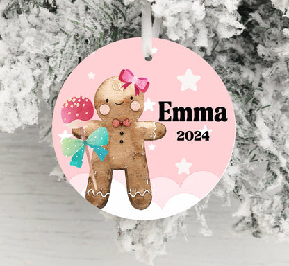 Personalized Pink Gingerbread Christmas Ornament- Custom Name & Year | Aluminum or Hardboard