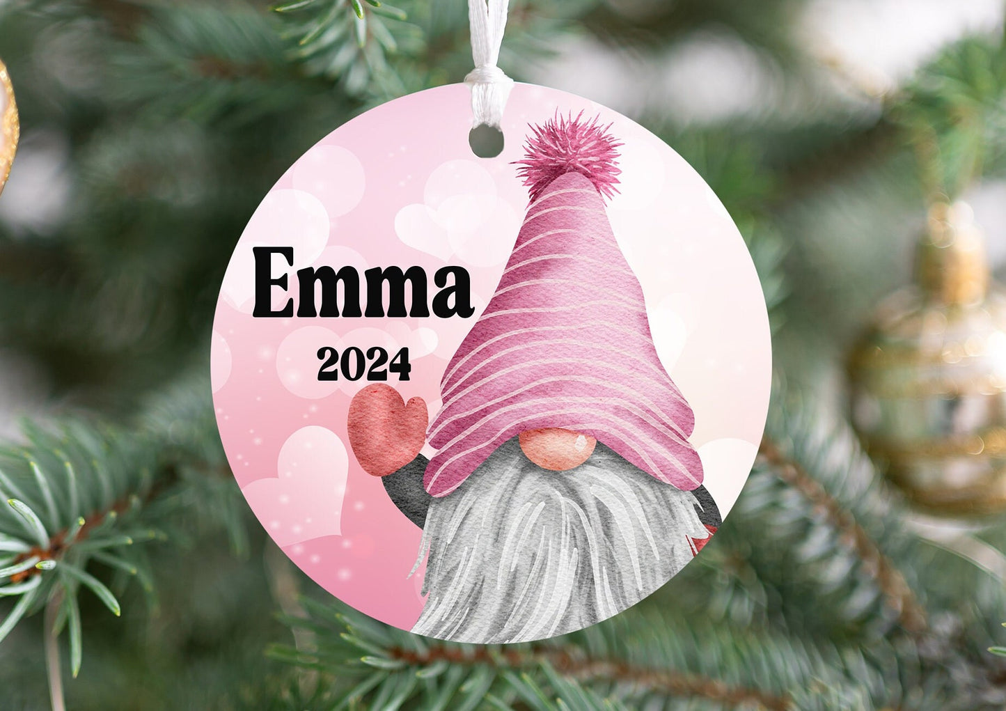 Personalized Pink Gnome Christmas Ornament- Custom Name & Year | Aluminum or Hardboard
