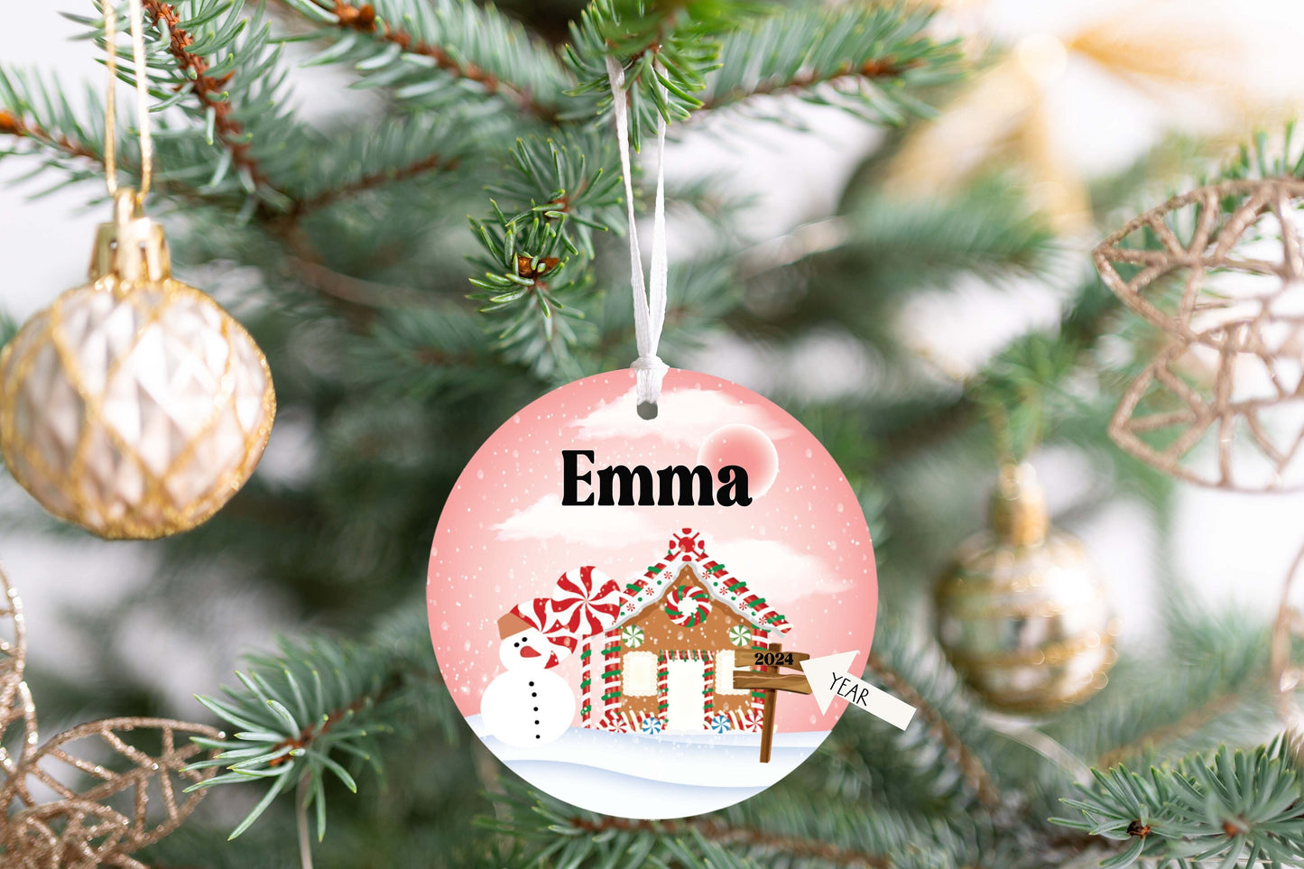 Personalized Pink Gingerbread House Christmas Ornament- Custom Name & Year | Aluminum or Hardboard