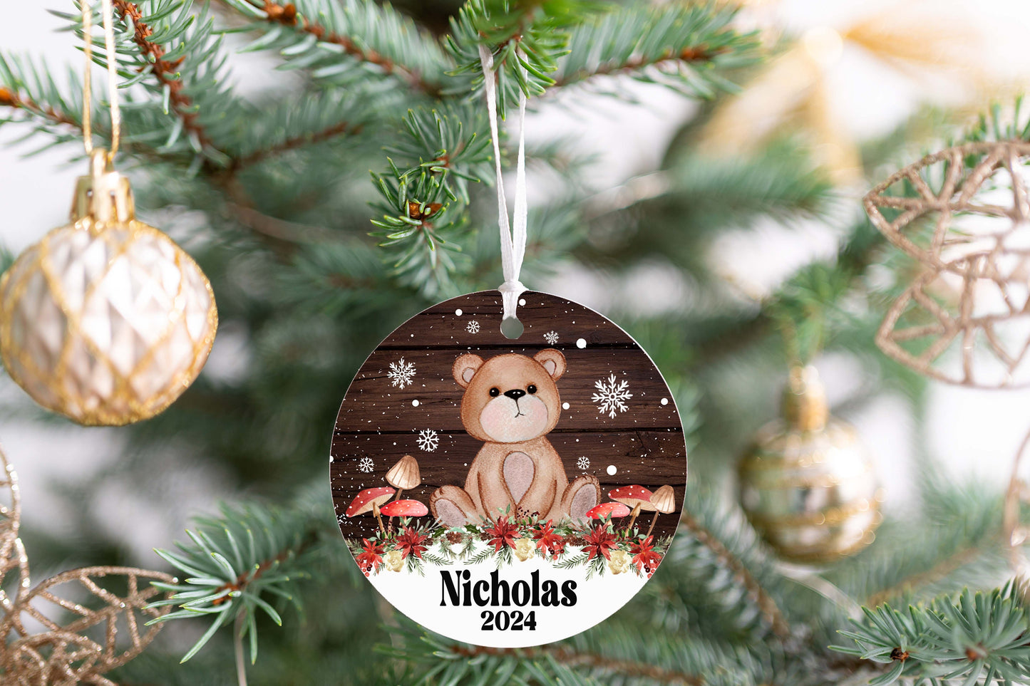 Personalized Bear Christmas Ornament 2025 – Woodland Animal Ornament with Mushrooms & Wood Background