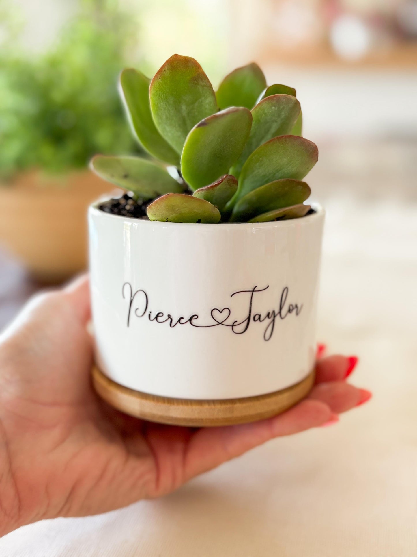 Custom Ceramic Planter – Personalized Succulent Pot with Bamboo Base