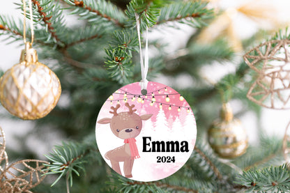 Personalized Pink Reindeer Christmas Ornament- Custom Name & Year | Aluminum or Hardboard